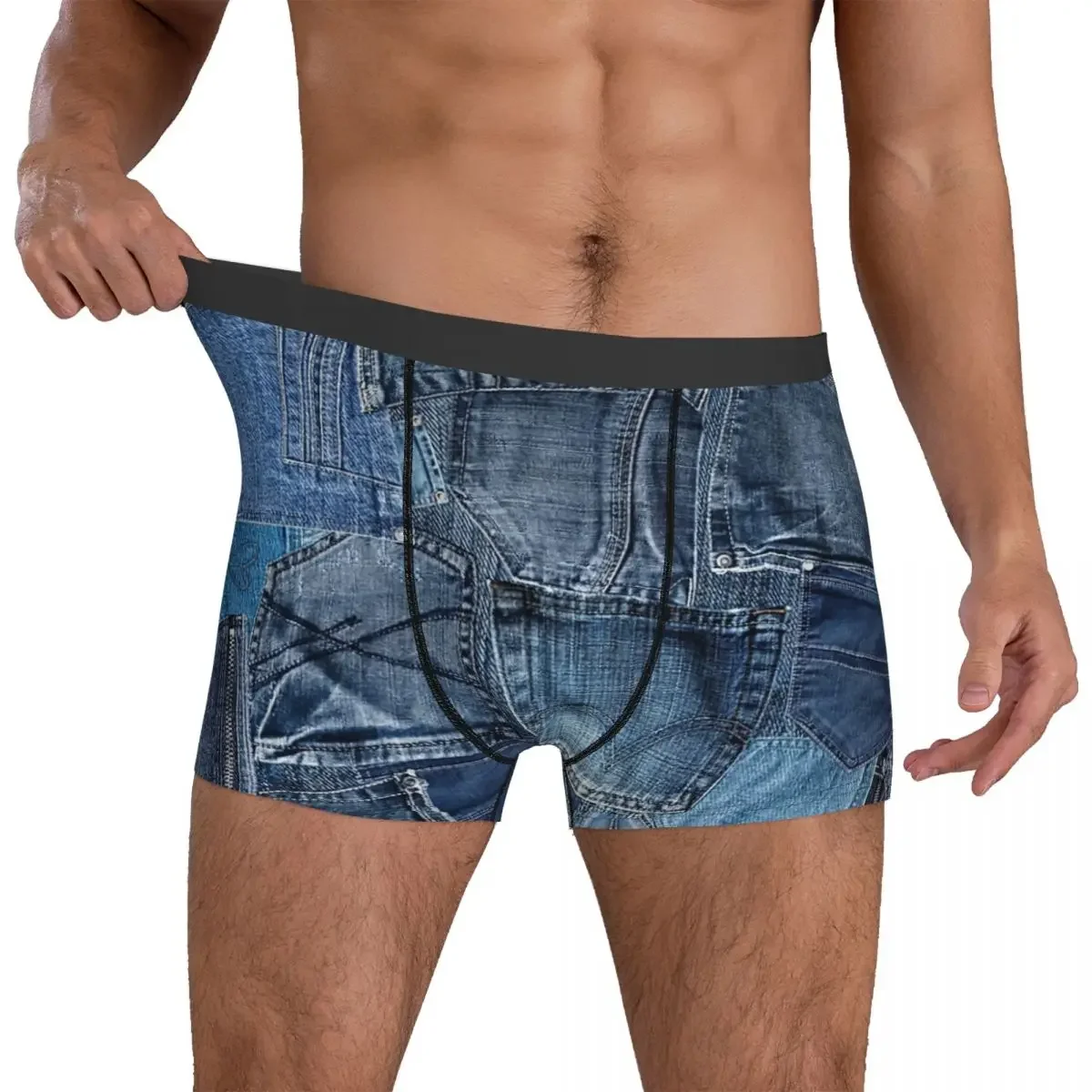 Blue  Jeans Pocket Patchwork Underpants Breathbale Panties Male Underwear Print Shorts Boxer Briefs