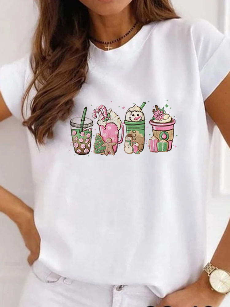 Cute Deer Merry Christmas New Year Women T Shirt Print Female Short Sleeve Casual T-Shirts Trend Travel Graphic Festival Top