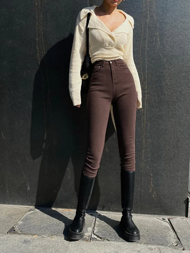 WOMENGAGA American Brown High Waist Slim Jeans Women\'s Tight Elastic Hip Slim Pants Pencil Summer Trousers Fashion V70X