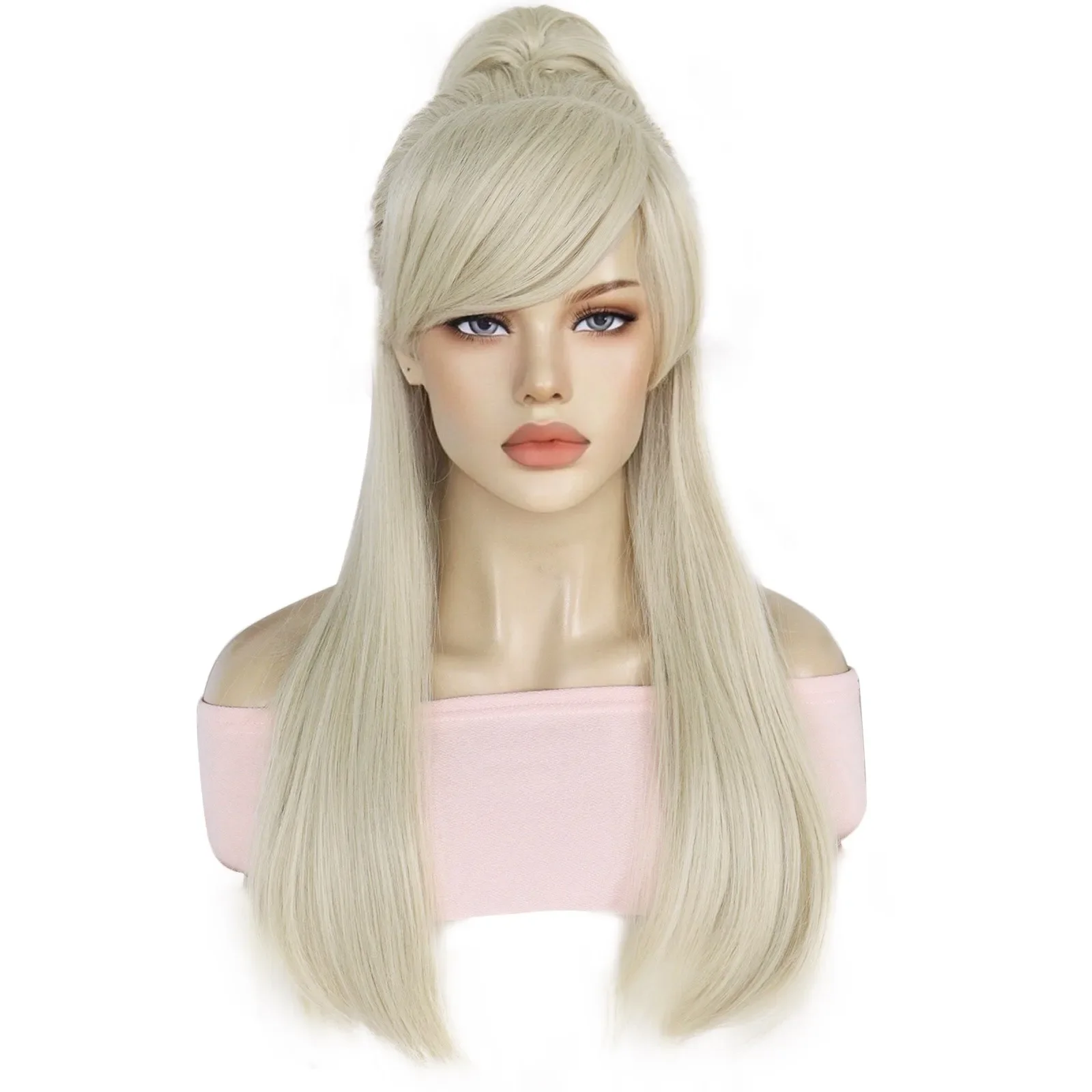 

24inch Long Blonde Wavy Bang Bun Removable Clip on Ponytails Barbe Cosplay Wig