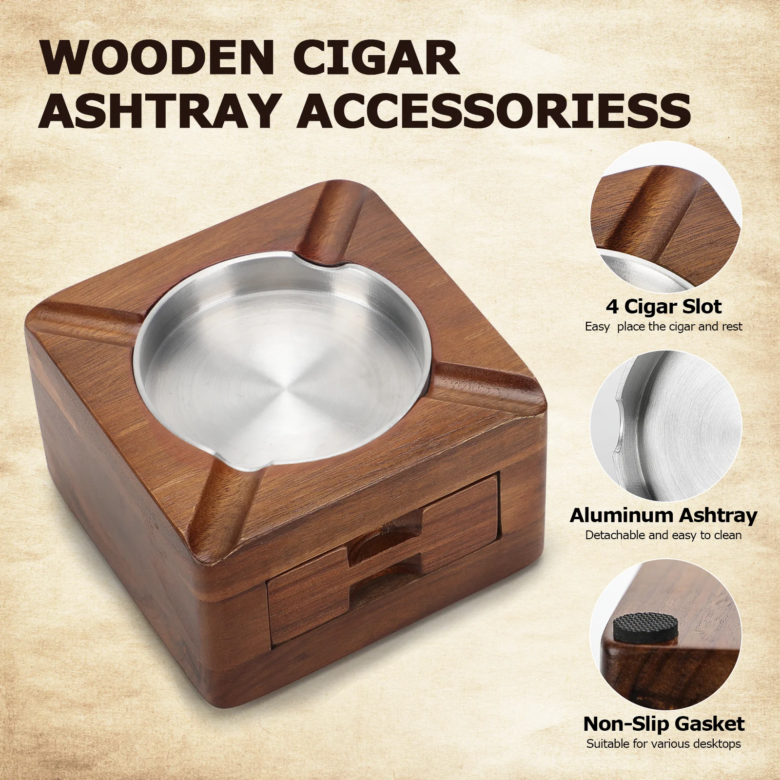 Cigar Ashtray Wooden Ashtray Square Ashtray 4 Slots Cigar Holder Cigar Accessories Drawer for Indoor Outdoor Patio Home Office