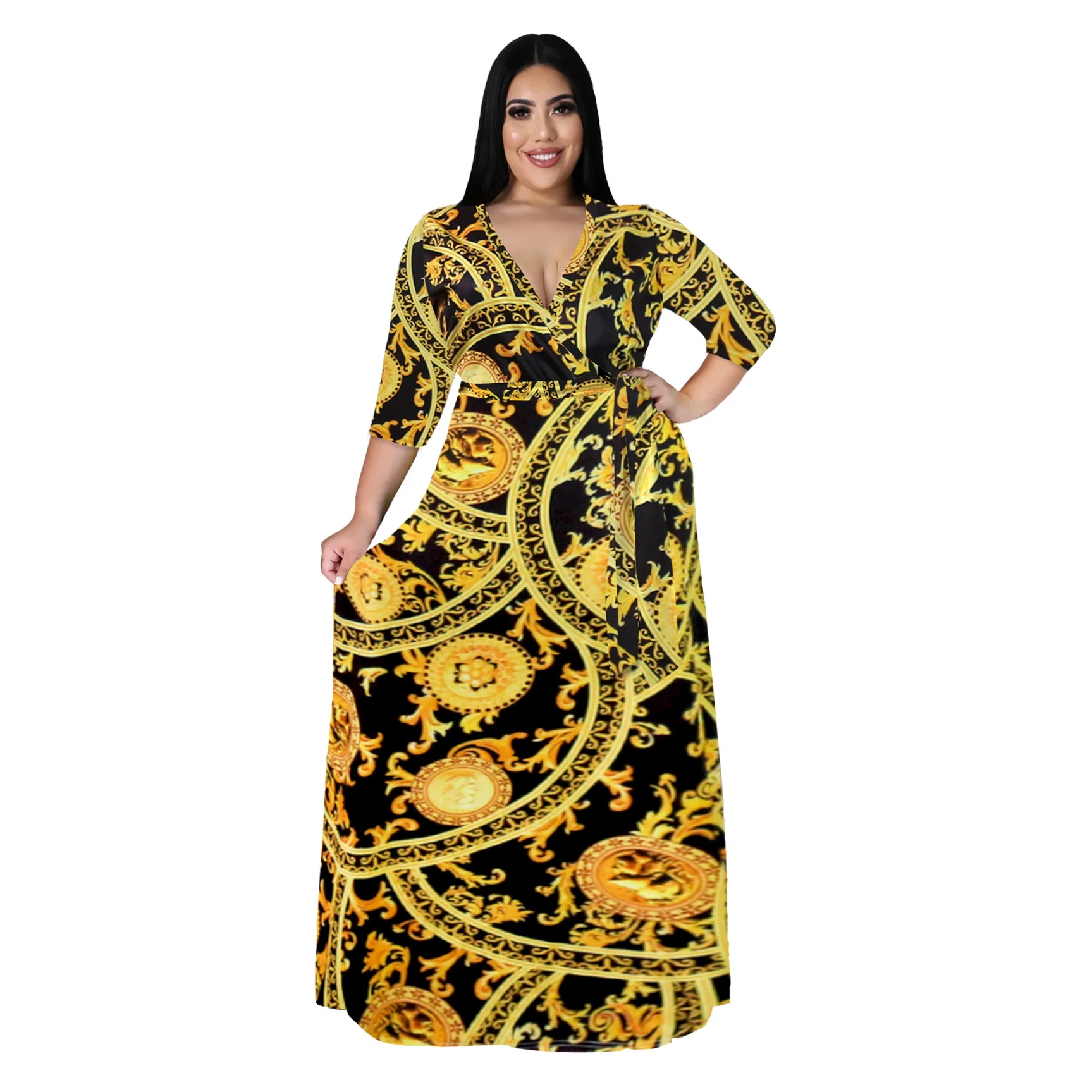 XL-5XL Plus Größe Frauen Kleidung 2022 Herbst Mode Casual Drucken Halbarm V-ausschnitt Sexy Elegante Maxi Abendkleider Dame outfits