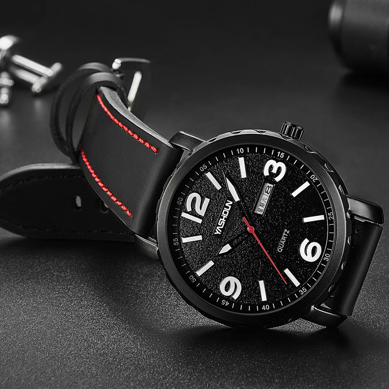 yashidun marca masculina relógio de quartzo relógio esportivo data pulseira de couro genuíno casual relógio de pulso à prova dwaterproof água reloj hombre