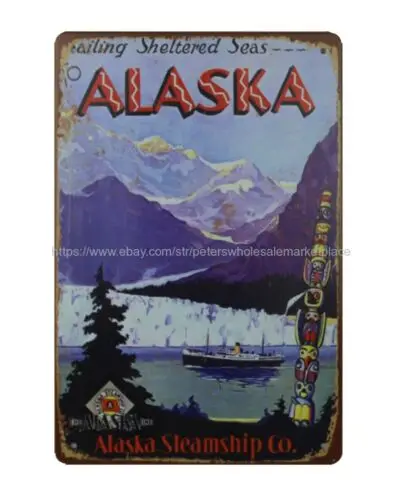 Sailing Sheltered Seas to Alaska Steamship Co. metal tin sign in home decor