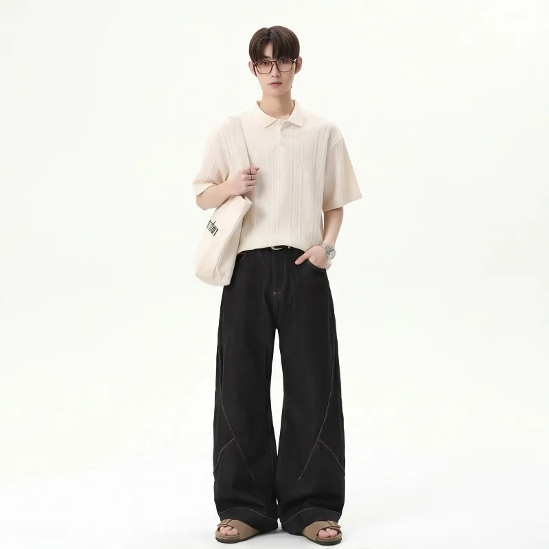 American Fashion Retro Washed Spliced Baggy Jeans for Men Y2k Japan Streetwear Harajuku High Street Men's Wide Leg Denim Pants