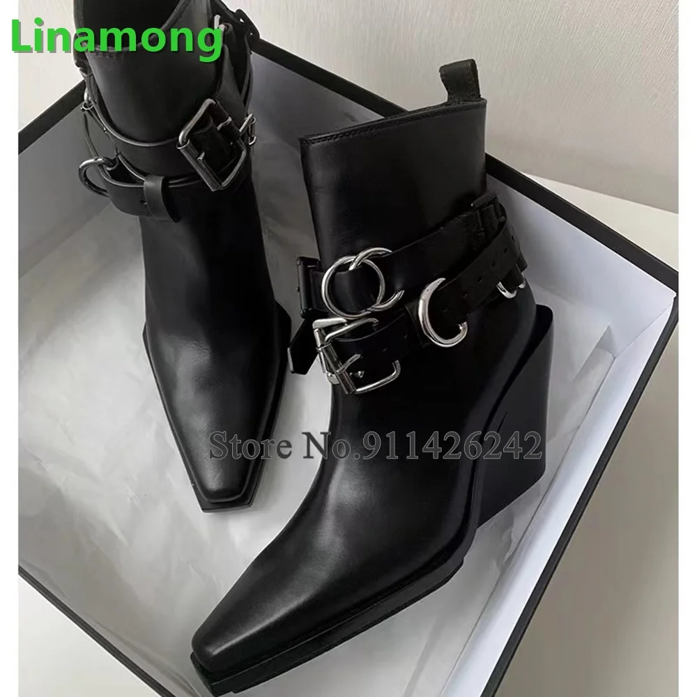 

Pointed Toe Wedges Heel Black Short Boots For Female Women Buckle Design Solid Leather Fabric Casual Ankle High Fashion Shoes