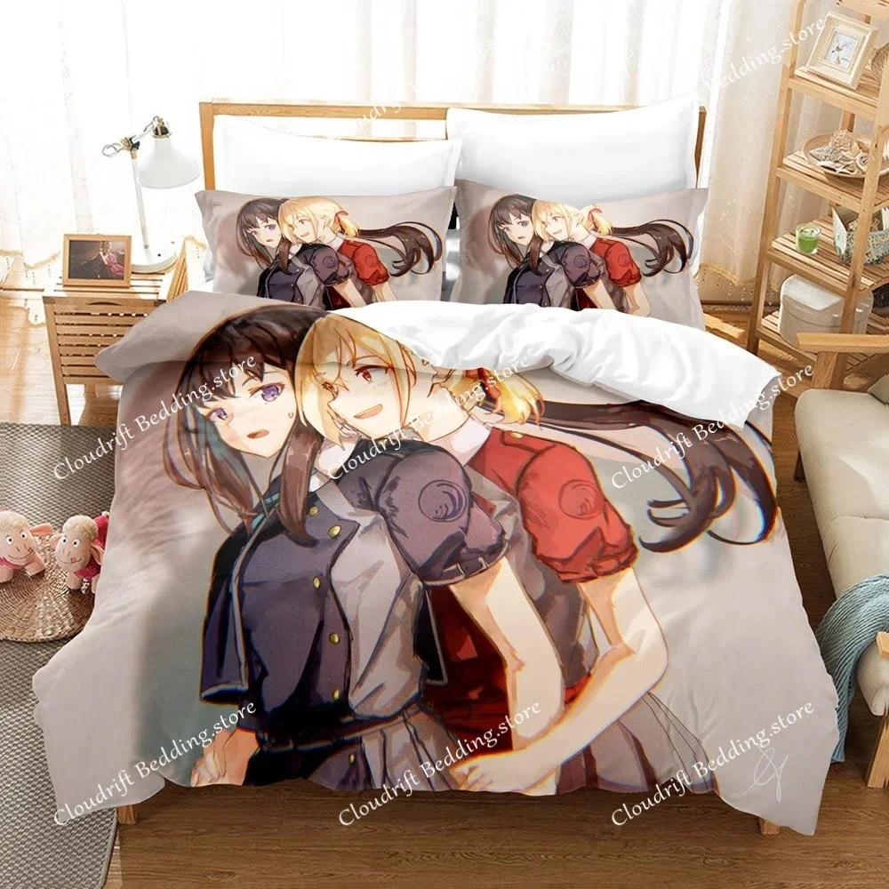 

Комплект постельного белья с 3D-принтом аниме Lycoris Recoil: пододеяльник, покрывало для спальни, одинарный, двуспальный, королевский размер, домашний текстиль