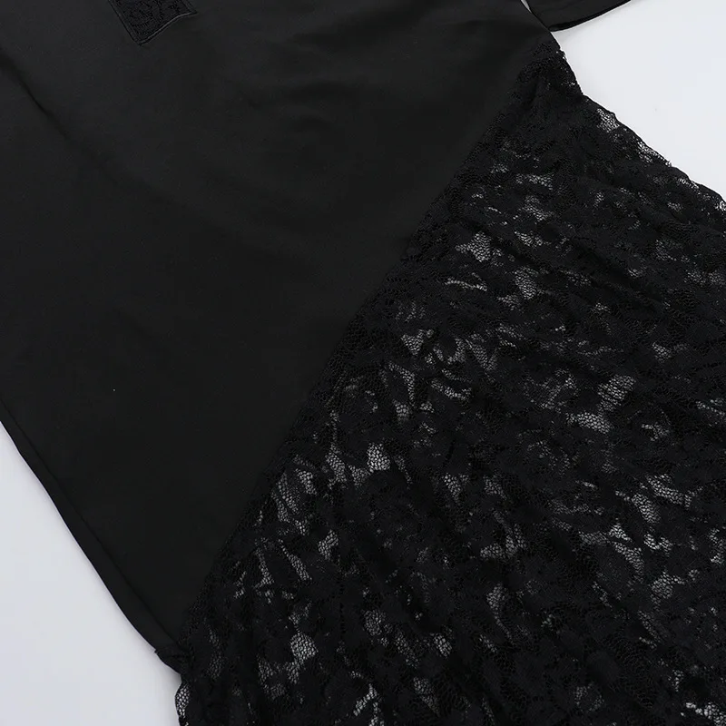 ONE TO WAN Goth Dark Elegant Damen Kapuzenkleid Mall Gothic Kreuz Ausgeschnittene Spitze Gespleißtes Party Acubi Sexy Bodycon Kleider Slim – Detail 13
