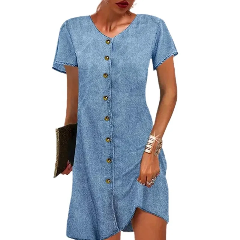 الملابس النسائية الخامس الرقبة واحدة الصدر خمر الدنيم اللباس قصيرة الأكمام فستان القميص الرجعية