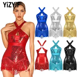 Womens Glittery Sequins Tassel Dance Leotard Latin Cha-Cha Performance Costume Cross Front Fringed Bodysuit Dancewear