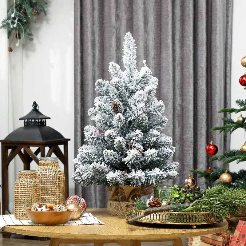 Sapin de Noël Mini Enneigé 60 cm, 72 Branches Denses, Base en Tissu Résistante, Matériau Ignifuge, Décoration Festive