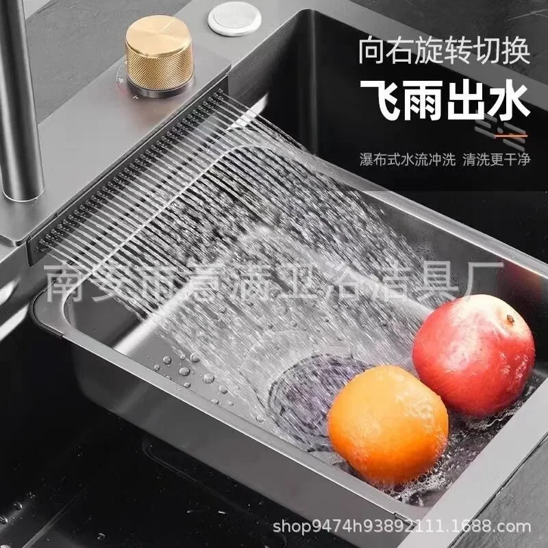 Kitchen Sink Waterfall Integrated Stainless Steel Pull-out Faucet Sink Set Undercounter Vegetable Basin Large Single Sink
