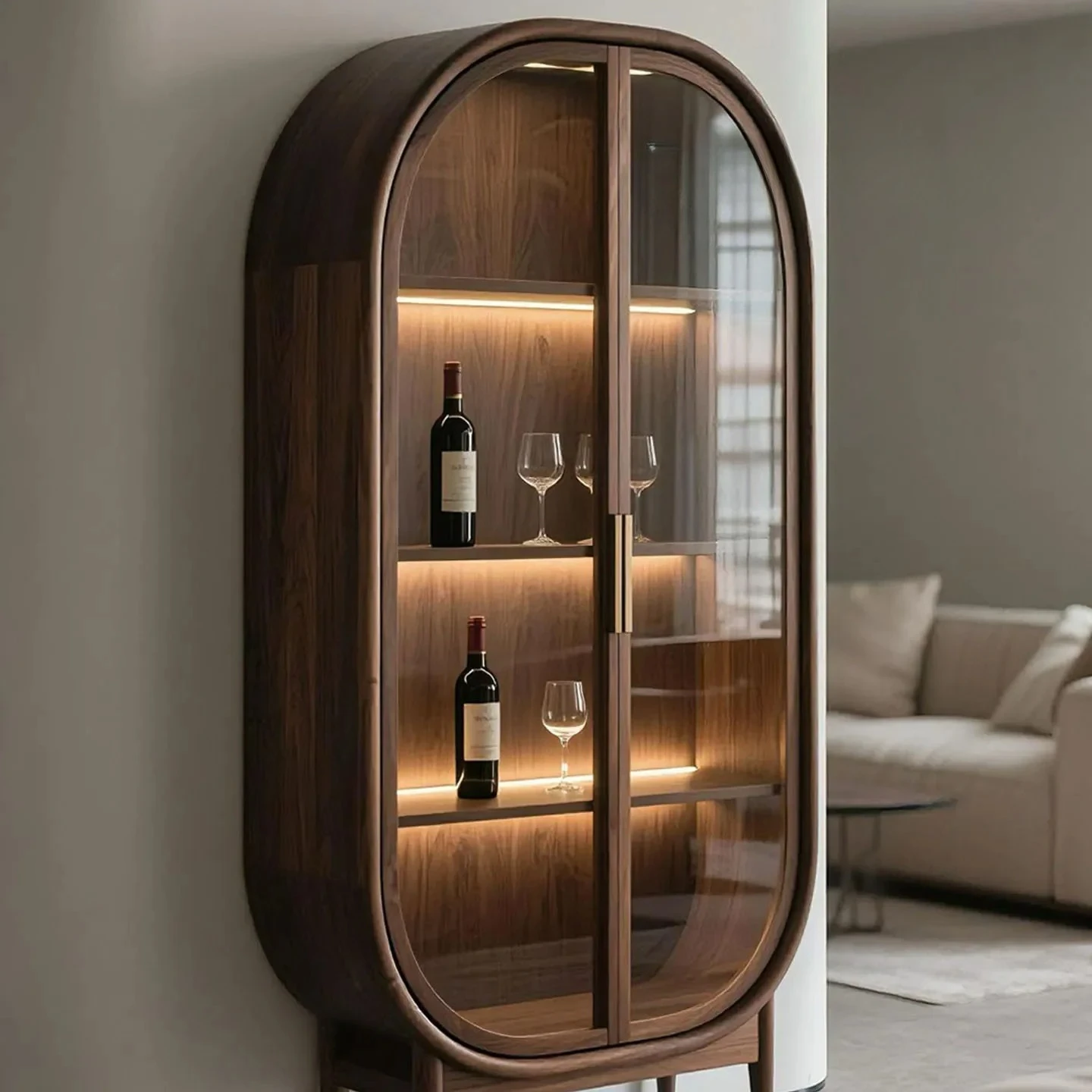 Black Walnut Glass Wine Cabinet Italian Minimalist Solid Wood Double Door Display Storage Decorative Cabinet