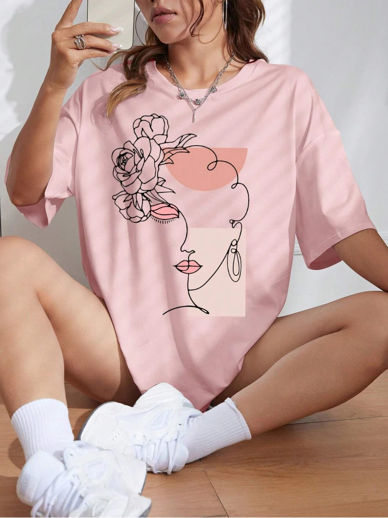 Casual Fashion Women's Short Sleeve Top Fashion Art Face Sketch Print Comfortable and Breathable Round Neck T-Shirt Clothing