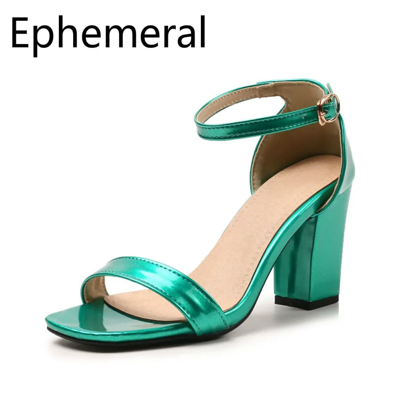 Lady Buckle Strap Sandals De Mujer Patent Leather Cover Heel Square Peep Toe High Top Shoes Plus Size 33 50 Black Green Fashion