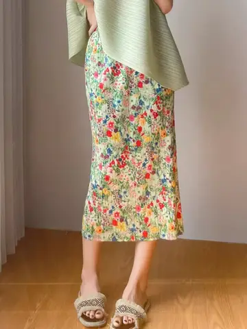 꽃무늬 반스커트 통근 한국 스타일 루즈핏 중간 길이 폴리에스터 반스커트 꽃무늬 아이스 실크 플리츠 원피스 얇은 스타일 반스커트