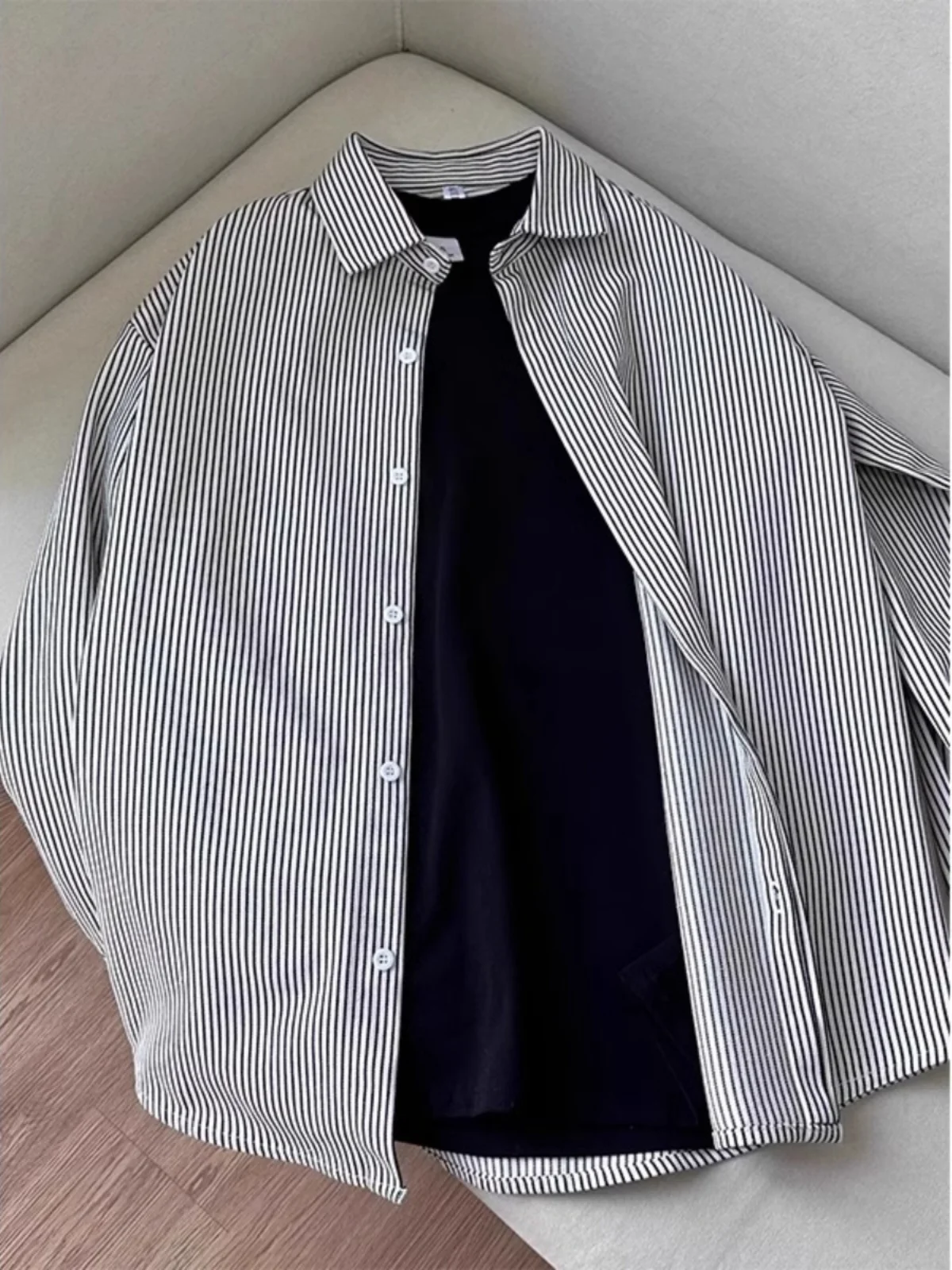 

Spring Autumn Japanese Cityboy Striped Loose Casual Long Sleeve Men's Fashion Shirt Coat Wear Resistant Daily Flip Collar