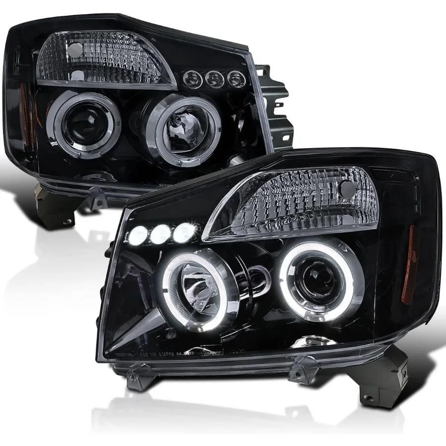 LED Lamps Dual Halo Smoke Lens Glossy Black Housing Projector Compatible with 2004-2015 Nissan Titan 2004-2007 Nissan Armada Lef