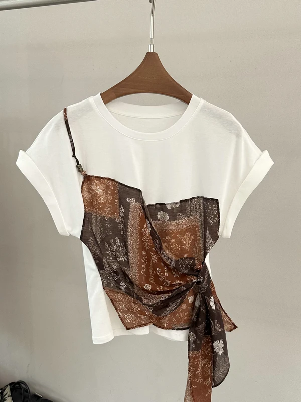 

Sexy Girl T-Shirt Top Summer 2026 Silk Scarf Patch Waist Cinching Side Tie Design Women's Loose Fit Short Sleeve round Neck