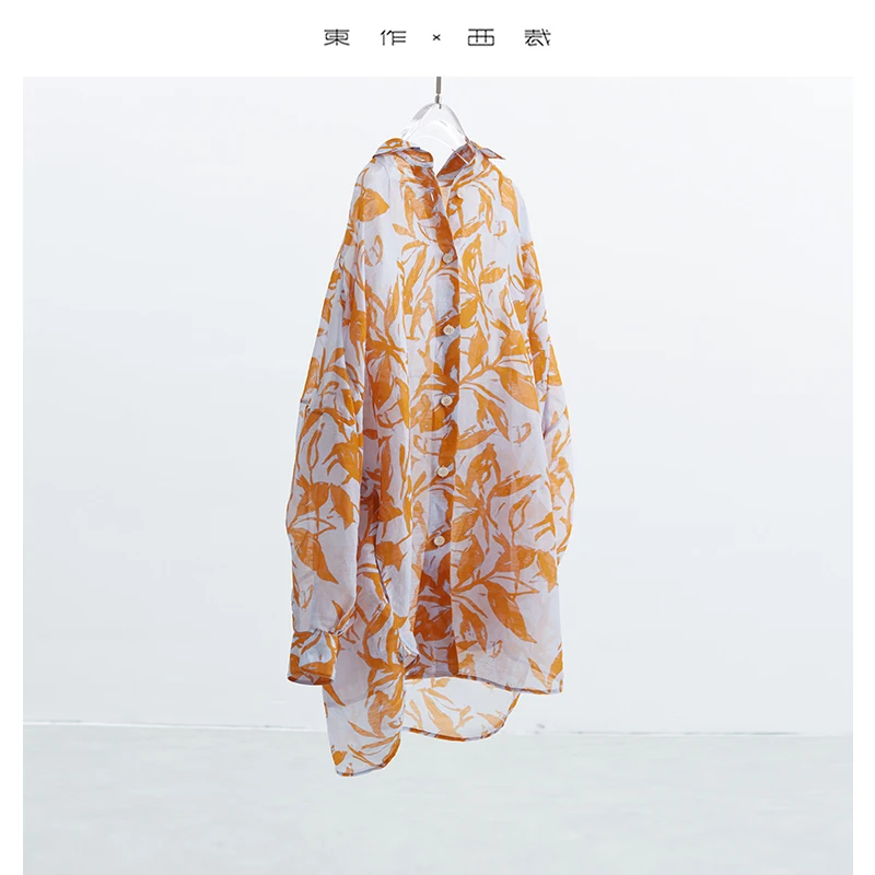 2025, Frühjahr/Sommer, neues Damen-Hemd mit aufhellendem Sommer, lebendiges orangefarbenes Sonnenschutz-Hemd, vielseitiges, mit Seiden-Leinen bedrucktes, bequemes Oberbekleidungs-Langhemd