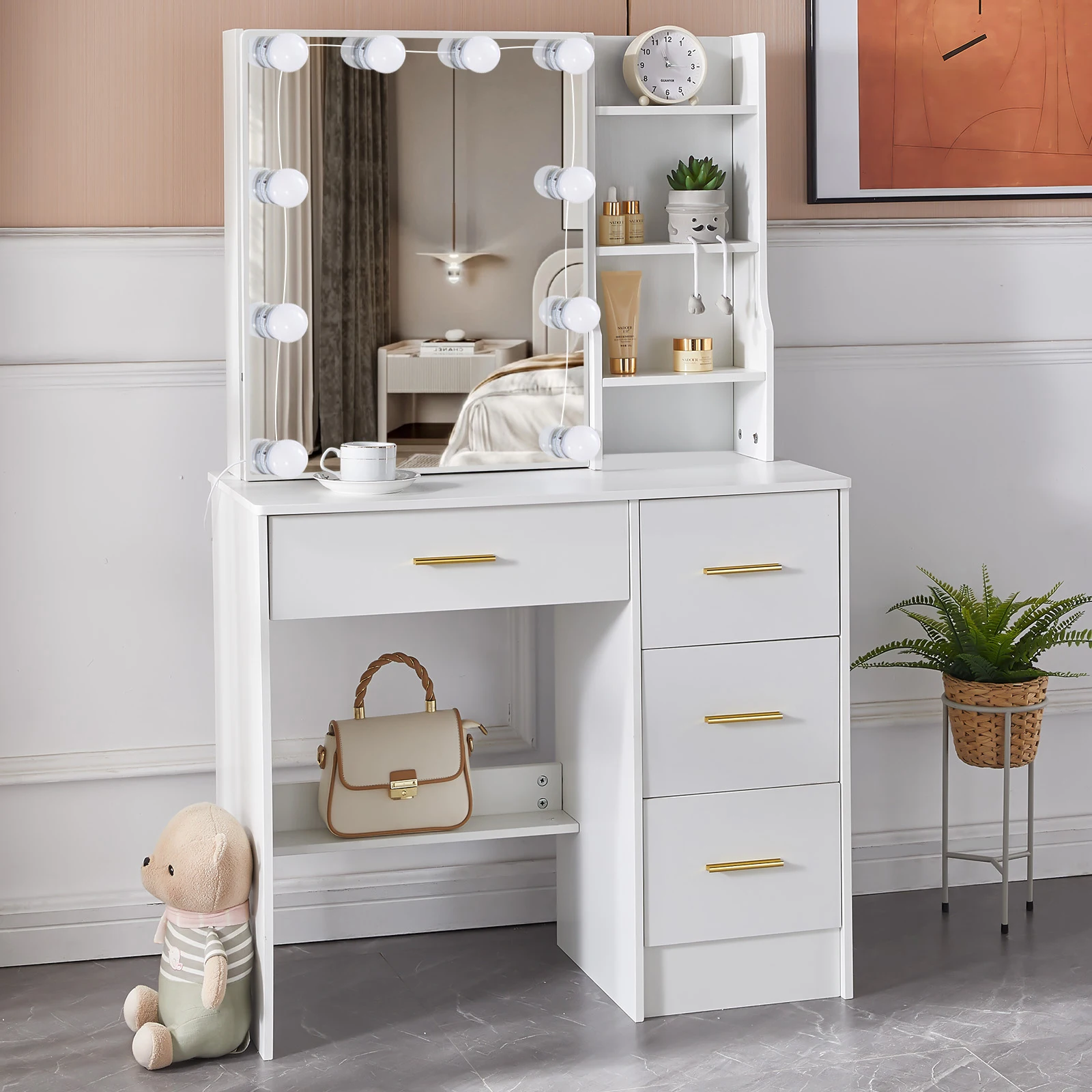 Modern White Vanity Desk with LED Lighted Mirror, 4 Storage Drawers & Shelves, Makeup Dressing Table for Bedroom