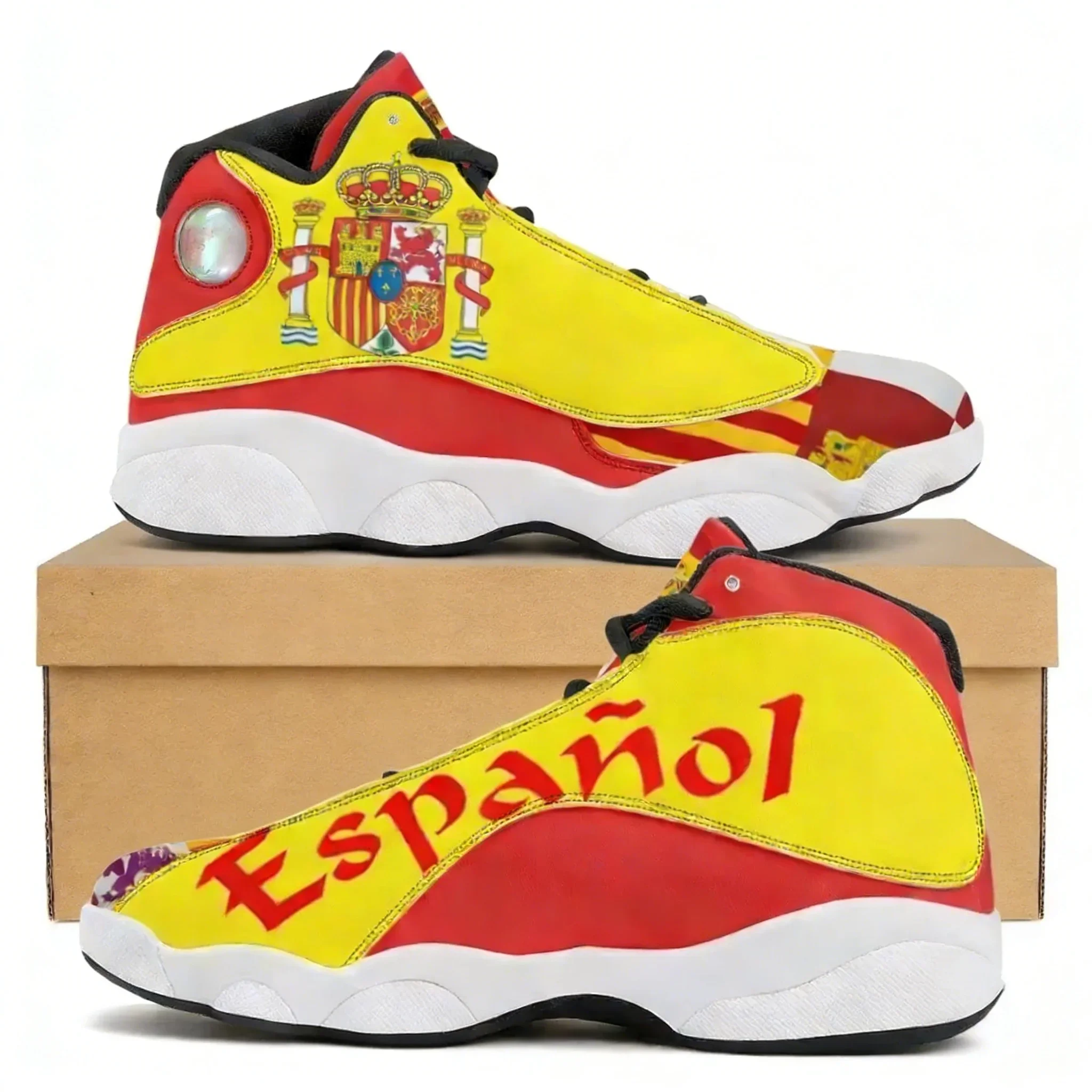 

Баскетбольные кроссовки Noisydesigns High Top для мужчин, для активного отдыха, с амортизацией, дизайн с испанским флагом, кожаные, с воздушной подушкой, на заказ
