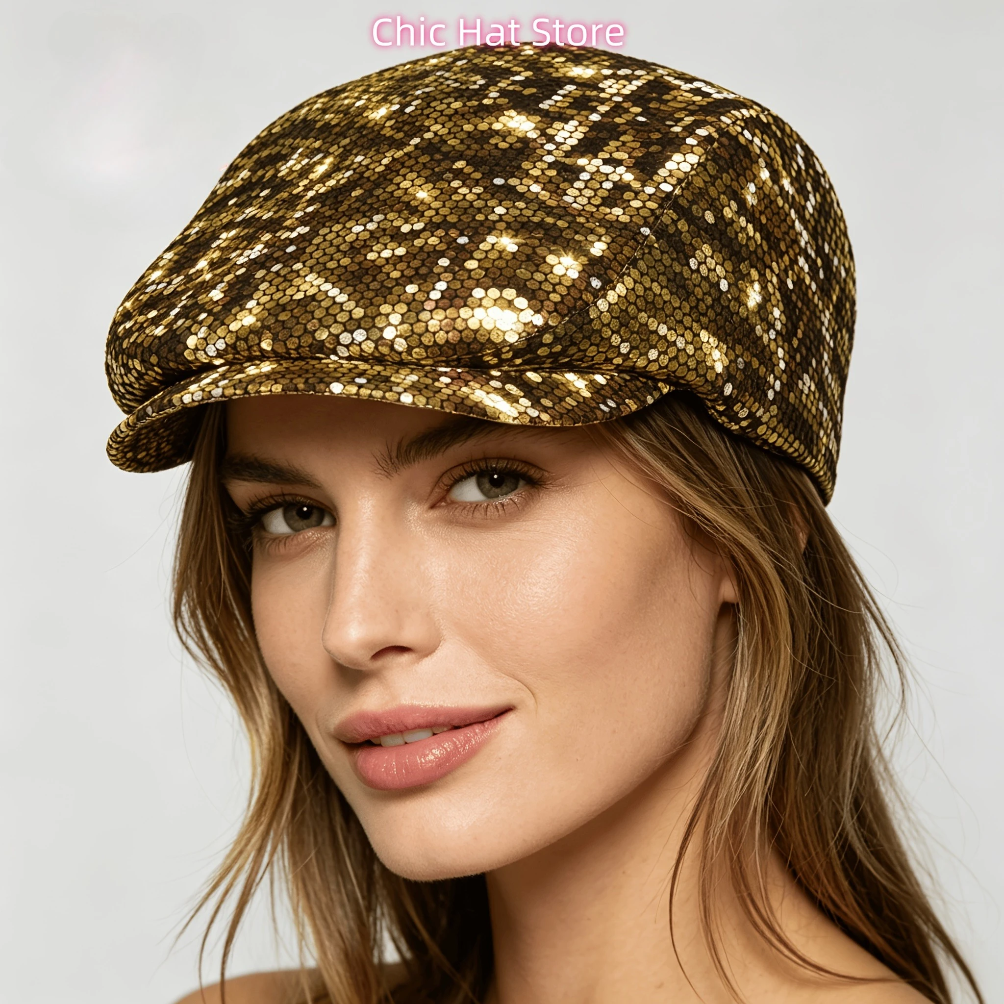 1pc Men's & Women's Golden Sequin Glitter All-Over Print Flat-Top Hats - Sparkling Newsboy Caps, Berets, Irish Driver Caps - Lig