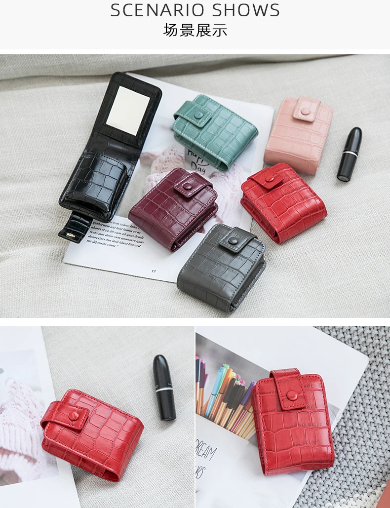 Tragbare Mini-Lippenstift-Tasche mit Spiegel, minimalistische kleine Kosmetiktasche mit Knopf, Damen-Make-up-Aufbewahrungskoffer mit Krokodilprägung – Detail 19