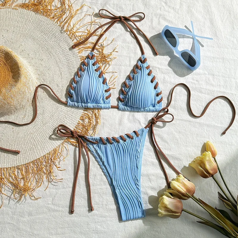 Conjunto de Bikini de tejido arrugado con cuello Halter, traje de baño para mujer, ropa de playa para mujer, traje de baño Tankini, Bikini brasileño para mujer