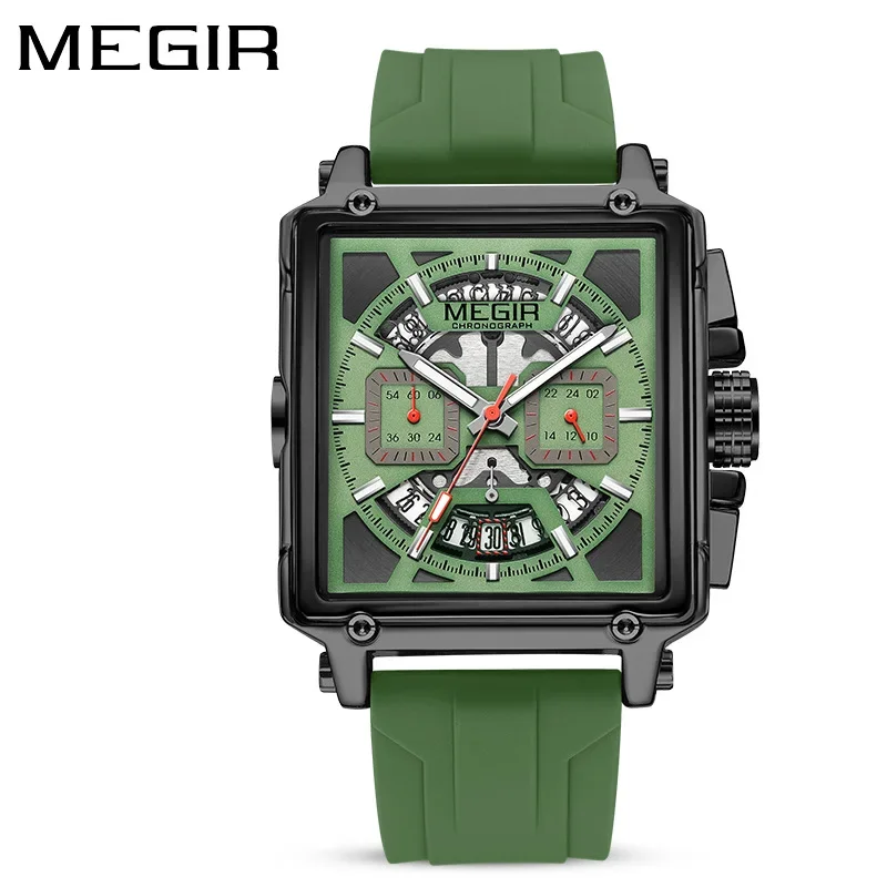 MEGIR 2233 Fashion Silicone Strap Luxury Square Watch Men's Watch Disc Quartz Chronograph Calendar Waterproof Watches for Men