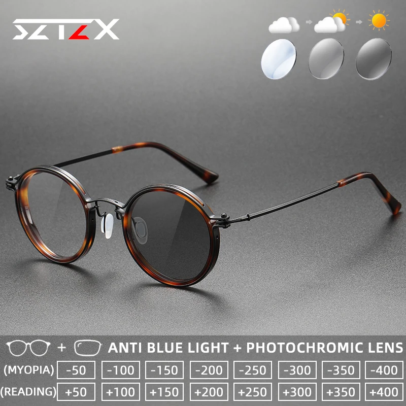 

SZTZX Vintage Round Photochromic Reading Glasses Acetate Frame Titanium Temple Anti Blue Light Progressive Prescription Eyewear