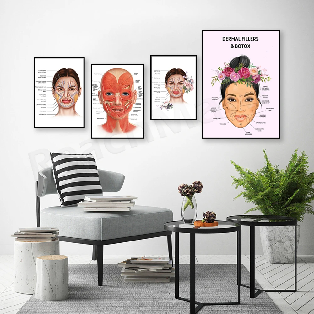 Dermal filler poster, facial anatomy poster, botox poster, lip filler poster, face diagram, beauty face decoration poster