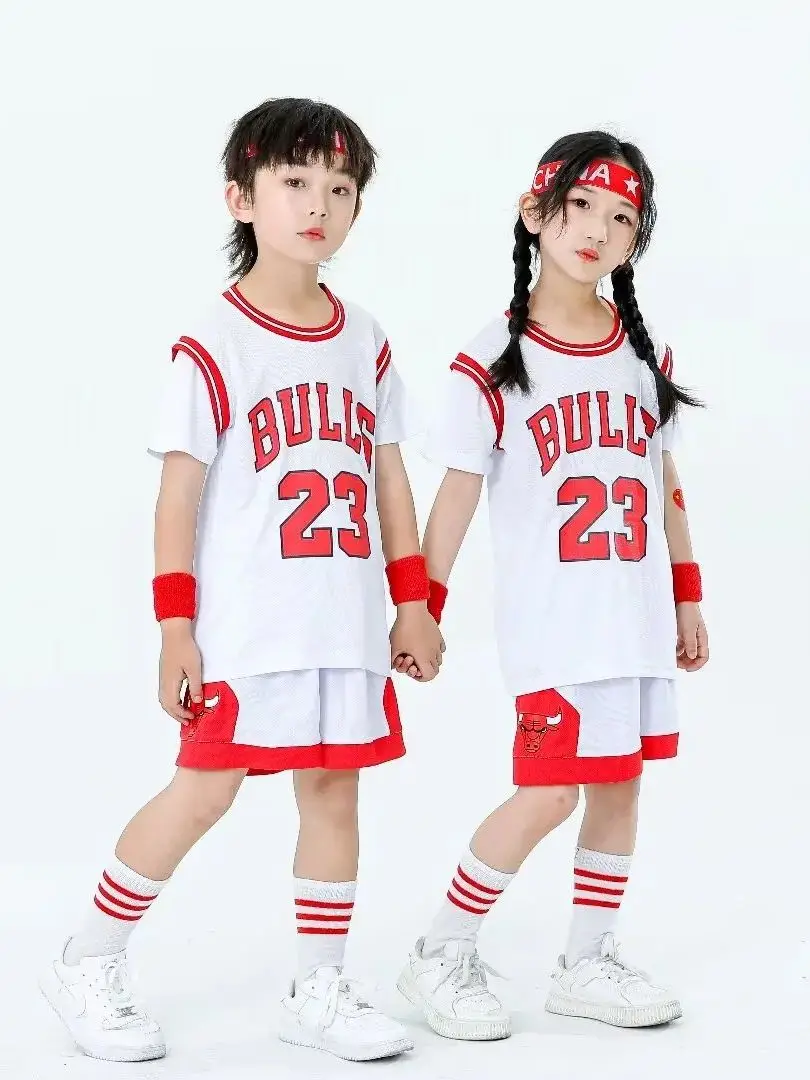 NEW 23/24 boys and girls Basketball Jerseys Fake two-piece children\'s uniform kit primary school training Bull short sleeve