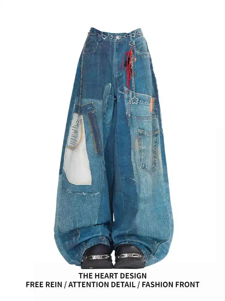 

Уличные популярные свободные джинсы женские лоскутные Y2K новые Harajuku винтажные широкие брюки большого размера пара джинсов с высокой талией 2025