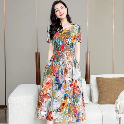 Elegant Women's Sundress Summer Slim Short Sleeve Vintage Dresses for Women Casual Long Dress Korean Style Clothing