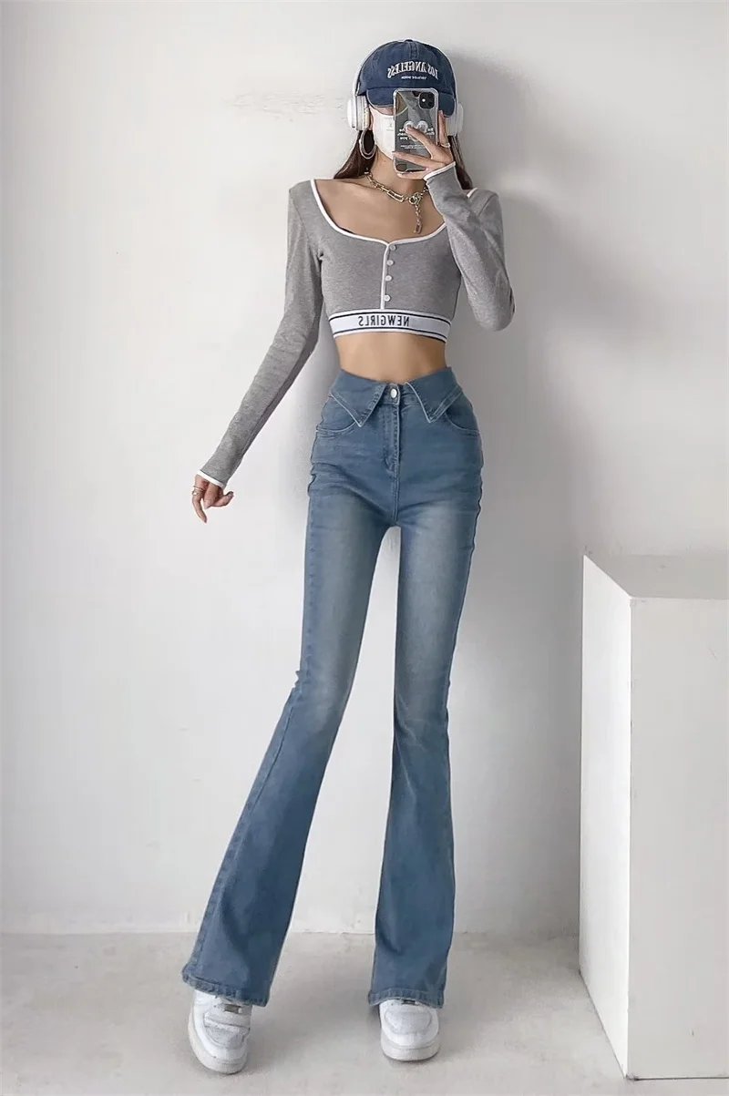 Hoge taille afslankende wijde pijpen jeans Dames volledige lengte casual broek Hoge taille Taille-effect Slepen Bot Street Sle