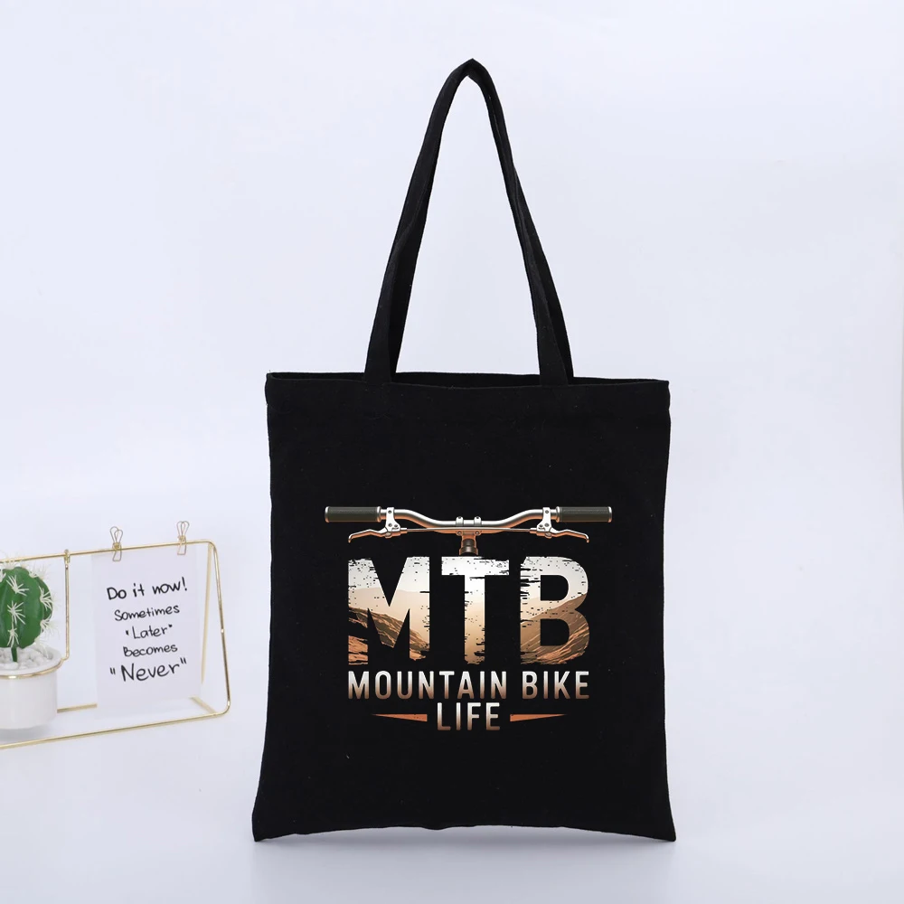 Cycling Enthusiasts' Mountain Bike Handlebar and Typography Print Canvas Tote Bag, Urban Street Style for Outdoor Adventures