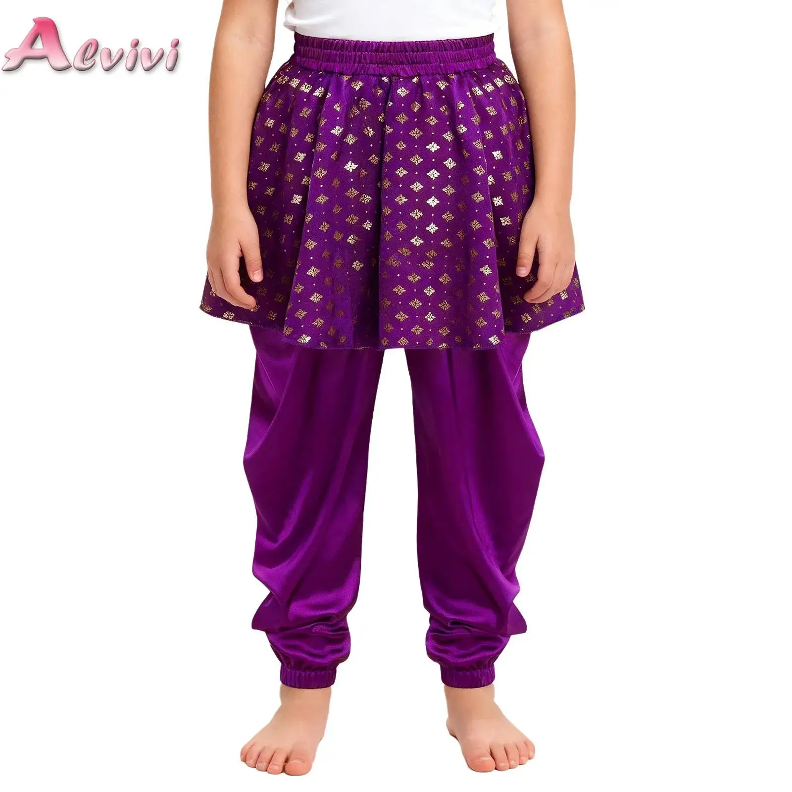 

Kids Girls Boys Dhoti Pants Halloween Theme Party Masquerade Ball Belly Dance Costume Metallic Floral Print Split Peplum Pants