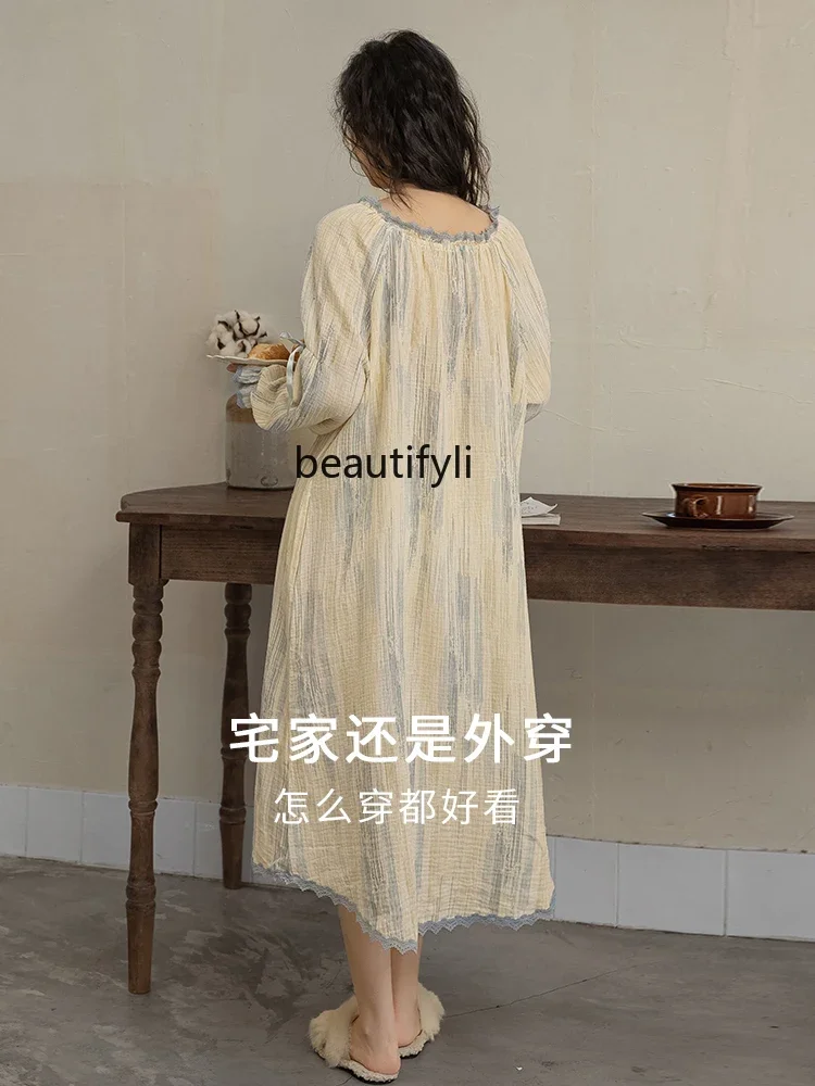 Pure Cotton Nightdress Women's Summer Gauze Dress Summer Pajamas Women plus Size Can Be Worn outside Spring and Autumn Homewear