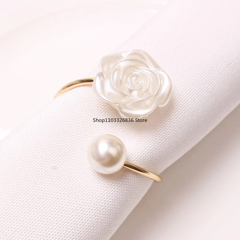 6PCS Elegant Floral Pearls Napkin Rings Christening Bangle Metal Napkin Holder Wedding Gift Bridal Shower Decor Party Supplies