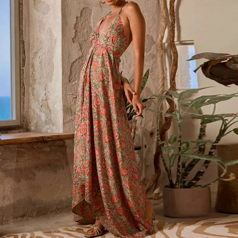 Summer Casual Pleat Loose Vacation Party Dress Women Elegant Sleeveless Hollow Dress 2025 Fashion Floral Print Beach Long Dress
