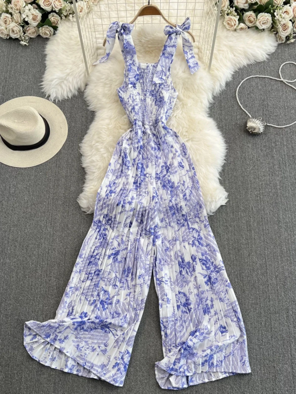 

Summer New Women's Fleach One-Piece High Waist Slimming Chiffon Wide Leg Pants Long Pants Thin Model Commute Sle