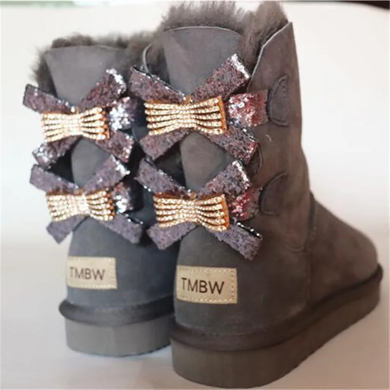 2023 Fashion Two Bows Real Sheepskin Women\'s Winter Woman Snow Boots Mid Calf Genuine Sheepskin Women Boots Women Shoes