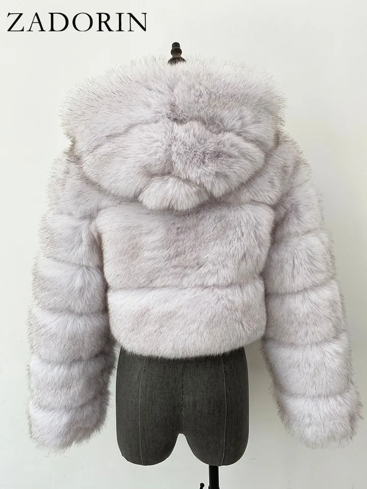 ZADORIN Women's Faux Fur Jacket Pink Black Cropped Winter