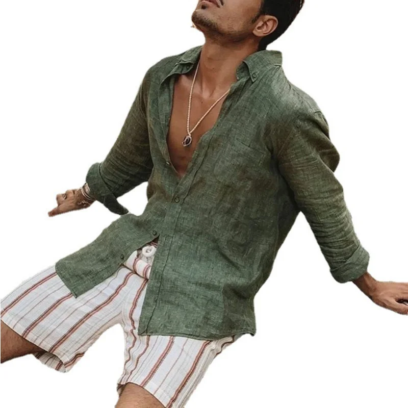 Camisa Superfina de algodón para hombre, camisa de manga larga con botones y cuello vuelto, color verde, transpirable, a la moda, para playa, Verano