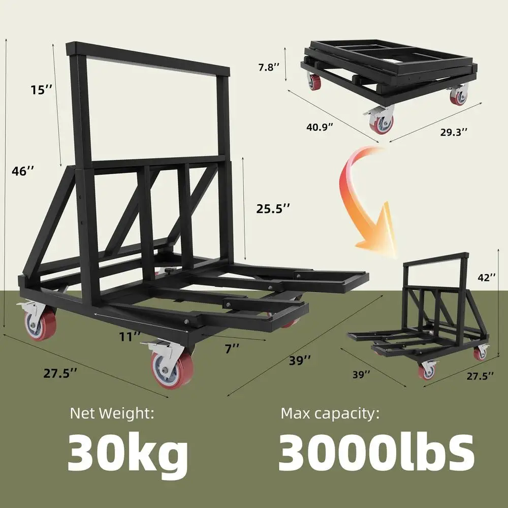 RapDuty-Chariot de cloison sèche à capacité artérielle, chariot à panneau pliant, système de transport de bois de verre, rouleau lisse, freins à 4 roues à percussion, 3000