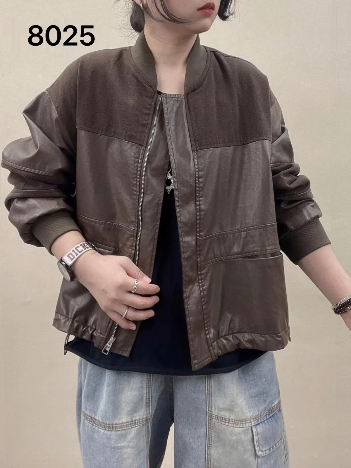 Faionable Einfache Lose ort PU Leder Jaet frauen Frühling Neue Sle Pendeln Sle Kunstleder Lange Sve Zipper