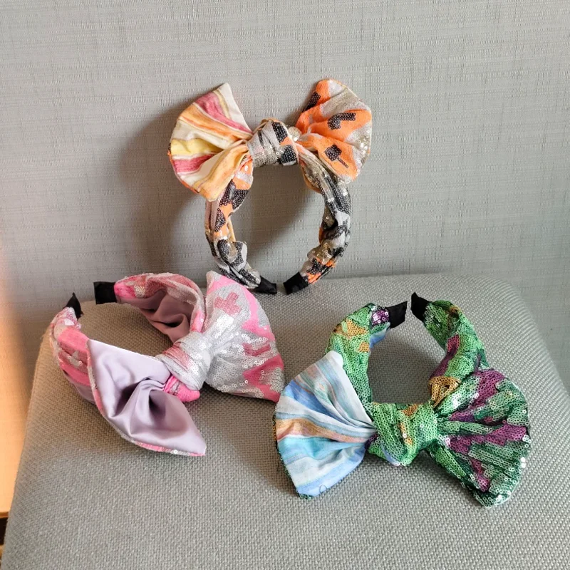 Coloful Colorful Sequin Patchwork Fabric Hair Hoop Headband High Crown Big Size Bow Hairband Hair Press Hair Clip Accessories