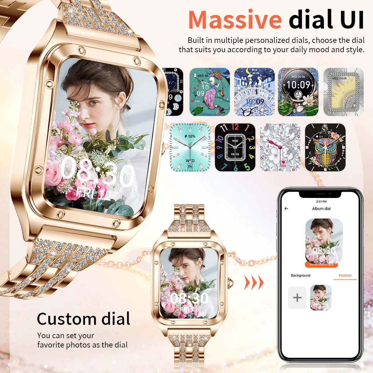 LIGE New Fashion Smart Watch Ladies Bluetooth Call Blood Pressure Sports Bracelet Waterproof DIY Custom Dial Smartwatch Women
