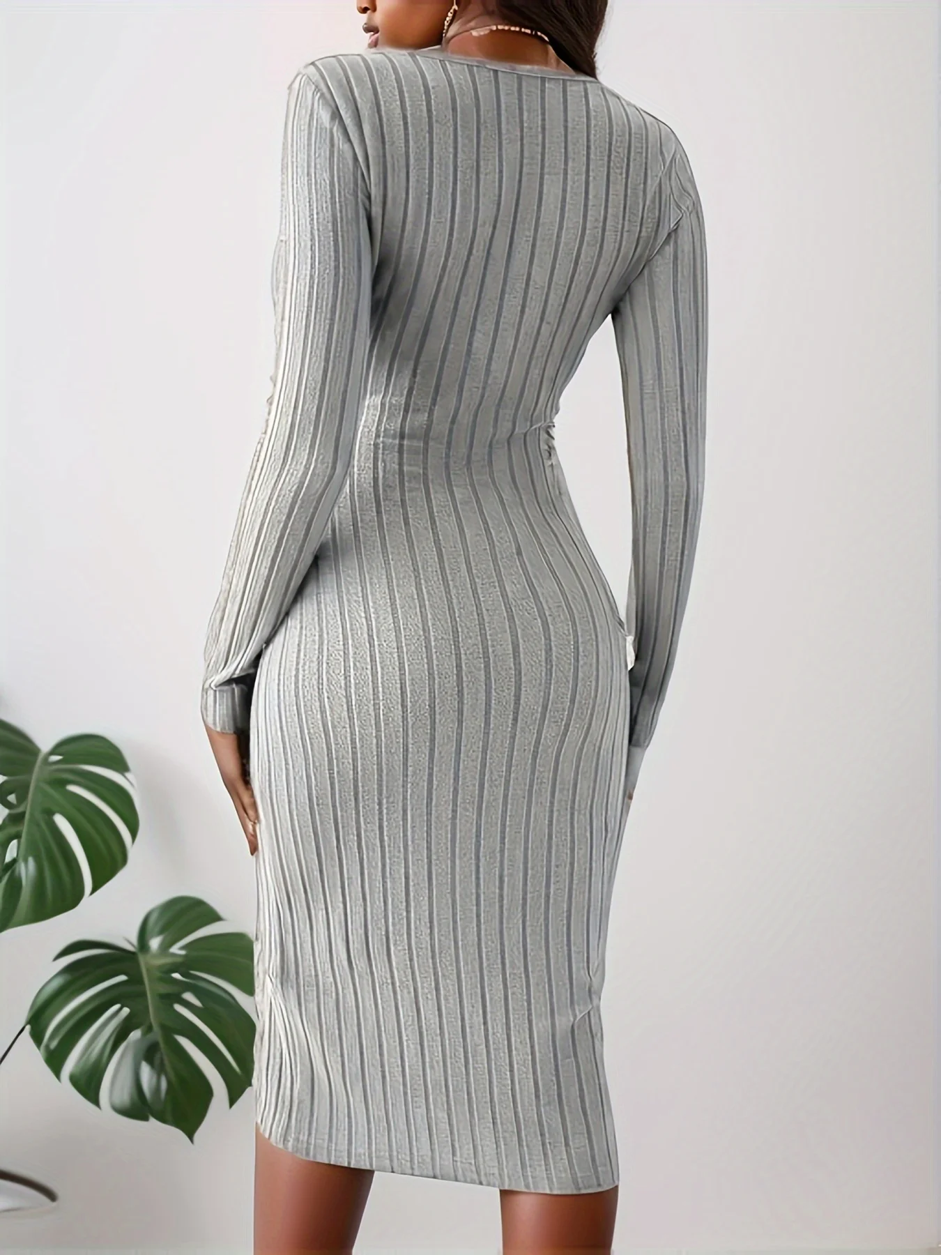 Ribbed Squared Neck Dress Elegant Long Sleeve Bodycon Dress Women\'s Clothing